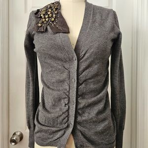 Ann Taylor LOFT Grey Bow Gemstone Applique Ruched Button Cardigan Small